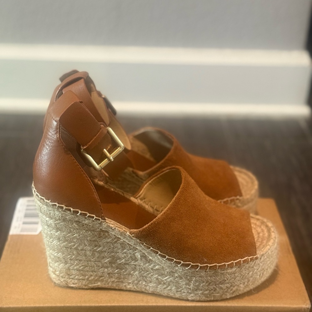 Marc Fisher Leather Brown Espadrille Platform Wedge Sandals